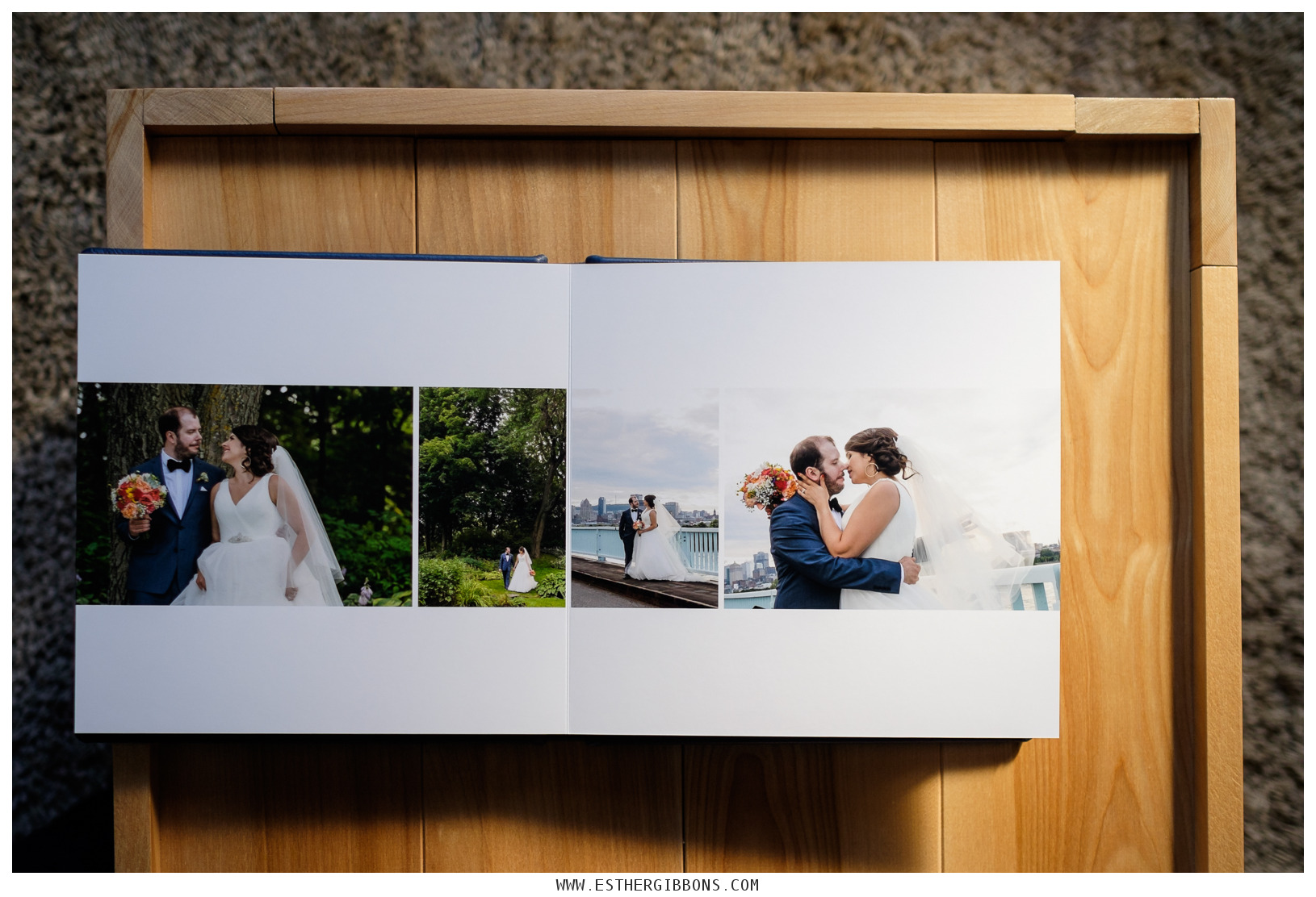 A simple minimalist spread design for showcasing the bride and groom portraits