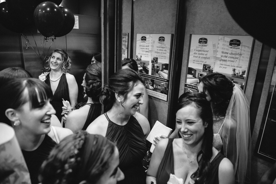 Bridesmaids and balloons in the elevator at the Marriott Springhill Suites, Old Montreal