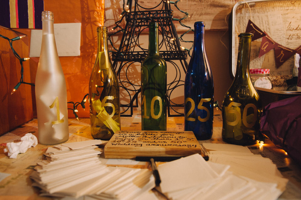Wine bottles for guests to leave messages in for 5 year anniversary and 10 year anniversary