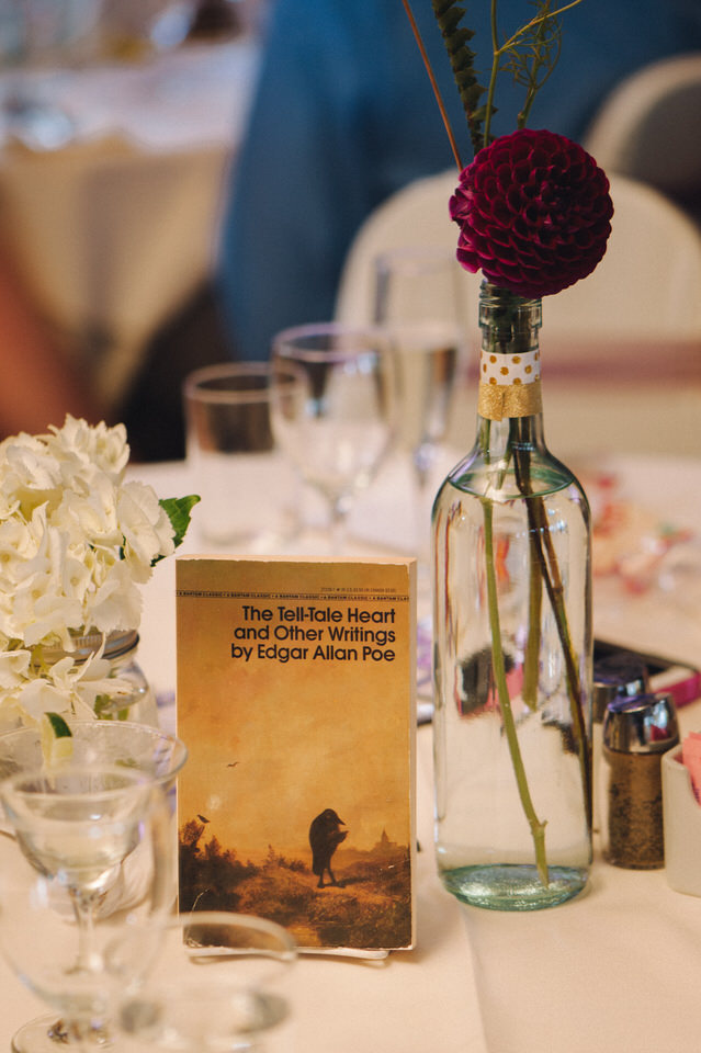 Book-themed table at wedding