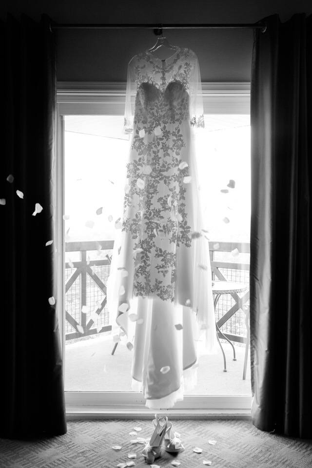 Black and white photo of wedding dress