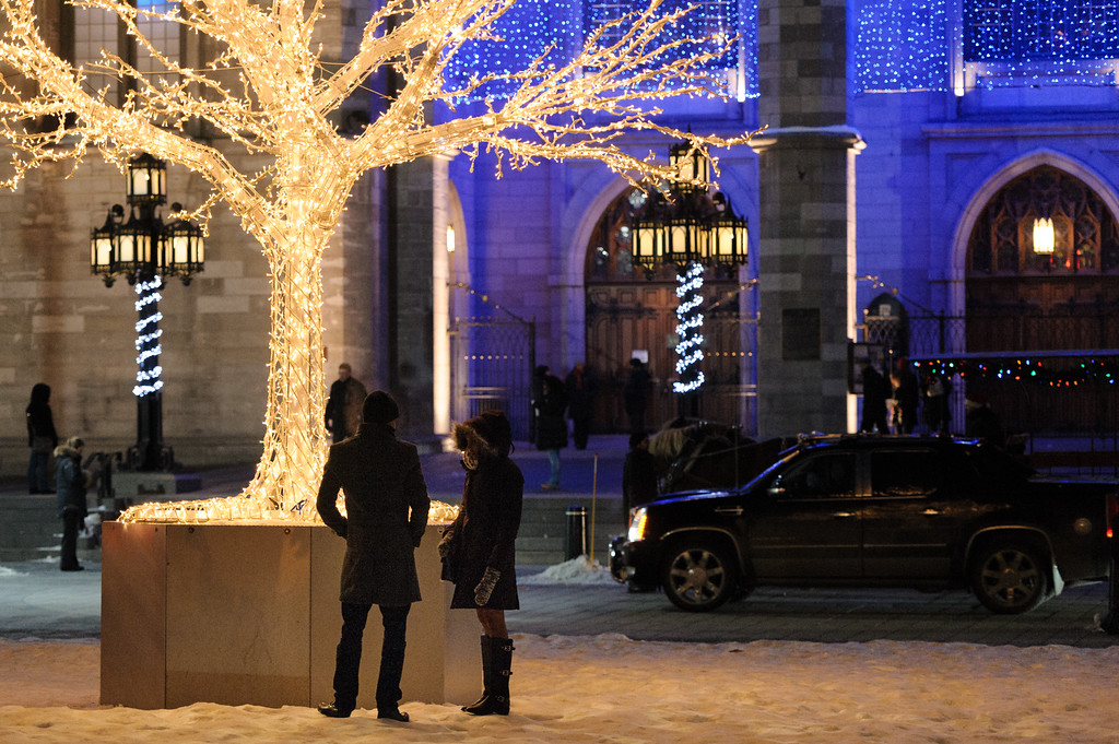 Couple standing next to a twinkly light tree