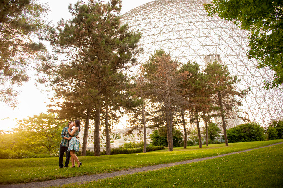 Engagement photo with the Montreal Biosphere in the background