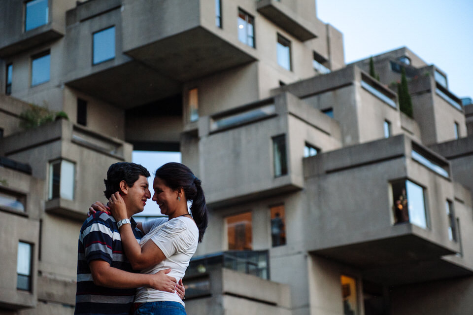 Engagement photo in front of Habitat 67