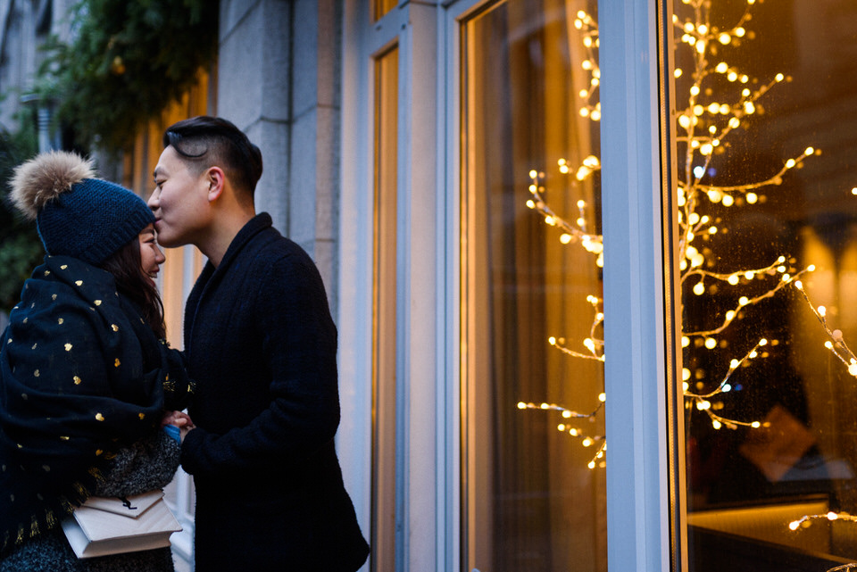 Couple's photos in front of St-Sulpice Hotel