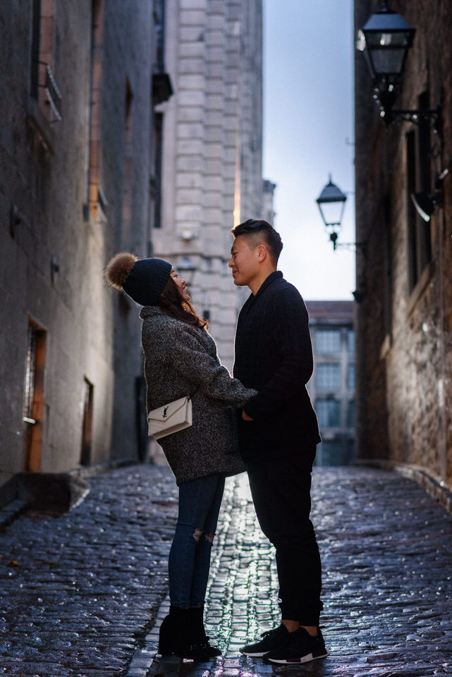 Winter couple's photoshoot in an alleyway in Old Montreal