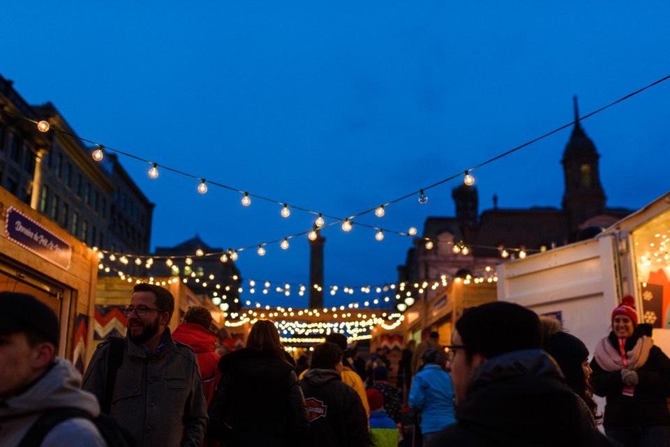 Night time view of Marché de Noel in Old Montreal