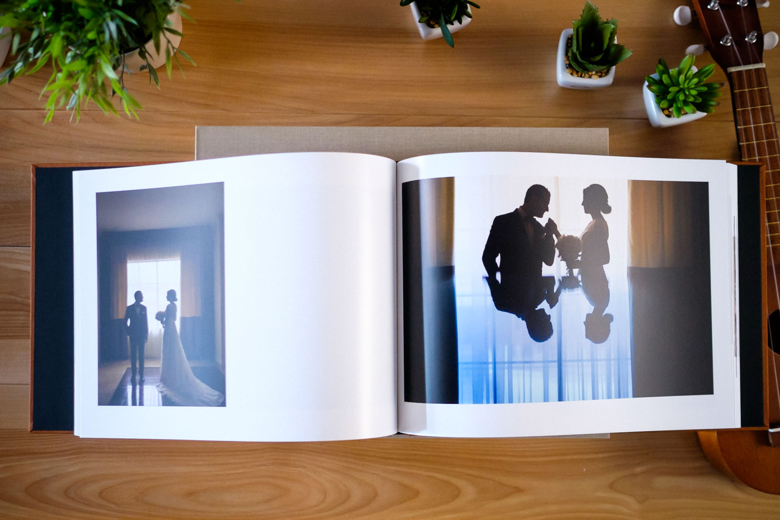 Wide view of landscape wedding book with thin pages