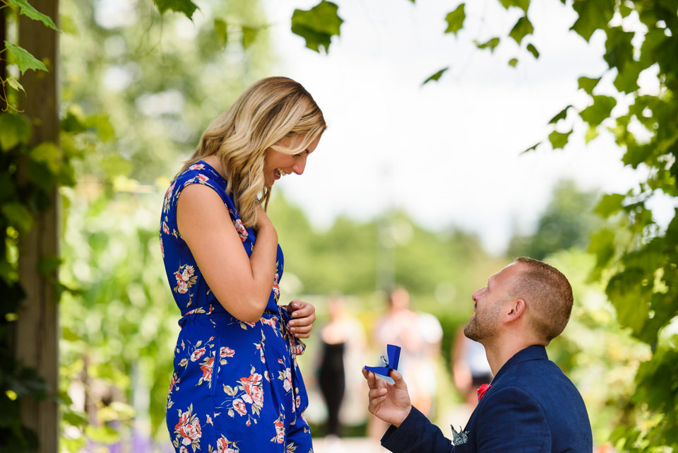 Man knee down proposing to fiancée at the botanical garden 