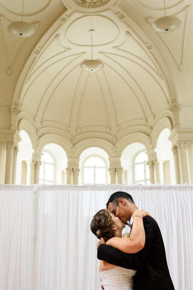 Wedding first kiss at Abbaye d'Oka