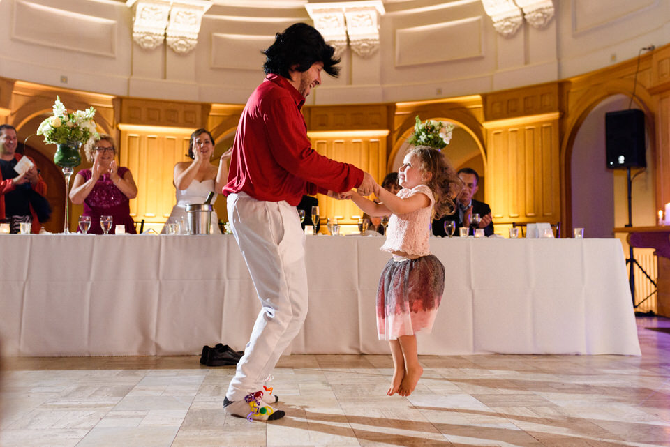 Daughter dancing with dad at wedding reception at Abbaye Oka