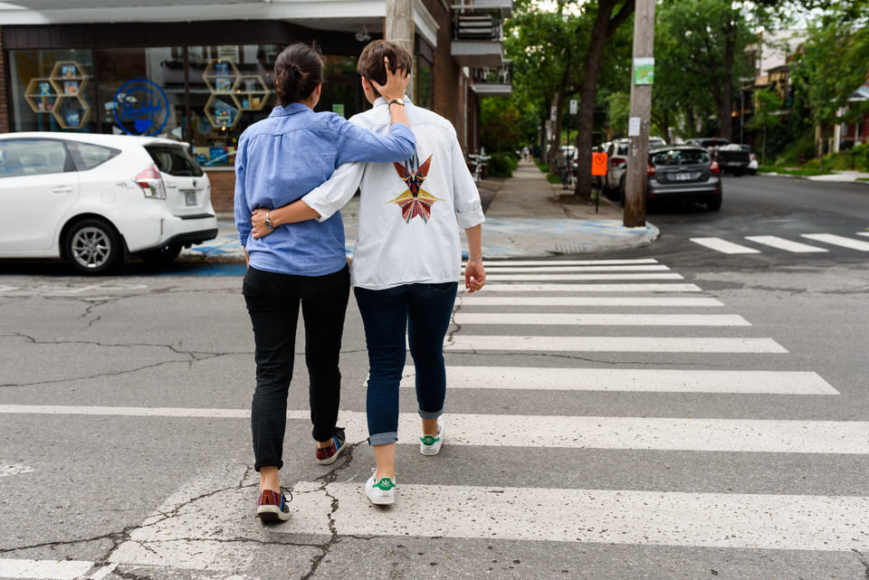 Lesbian couple crossing the street  