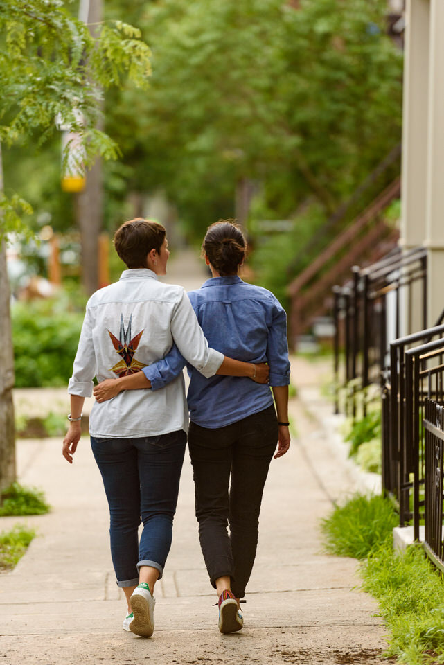 Sunset stroll for engaged same-sex couple in Montreal