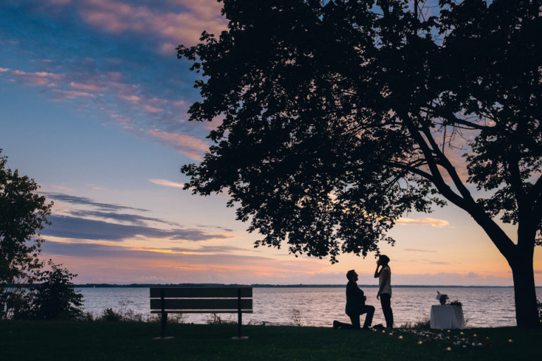 Sunset surprise proposal photography by the Saint-Lawrence river