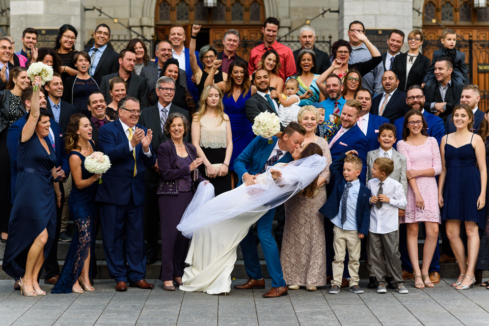Wedding photo in front of Notre-Dame Basilica in Montreal