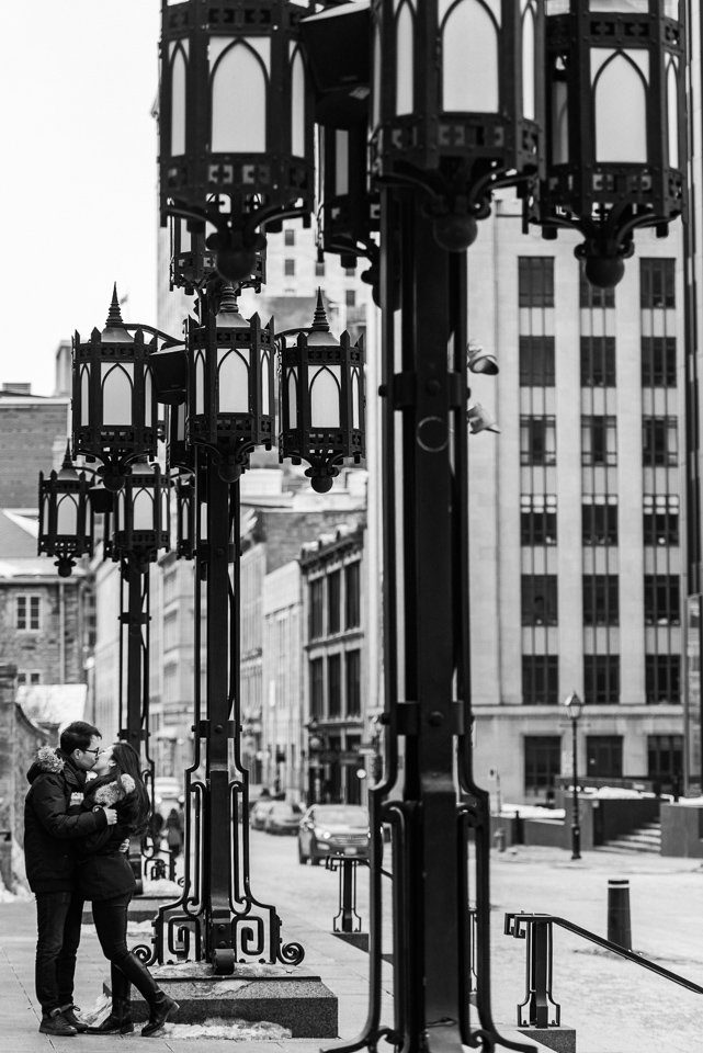 Black and white photo with street lamps in Old Montreal