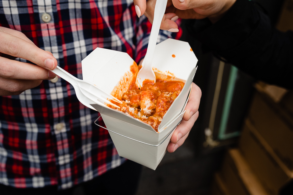 Close up of 5 dollar gnocchi take-out box