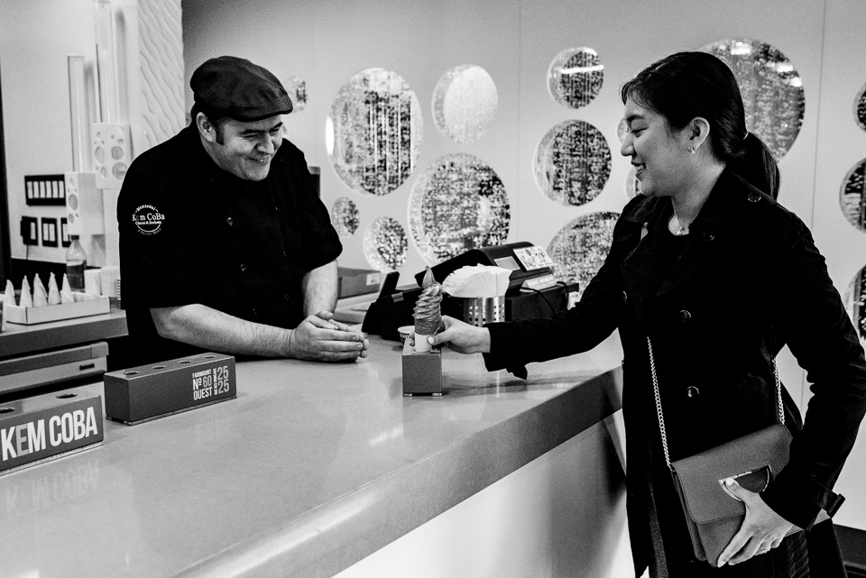 Getting ice cream during their engagement photos