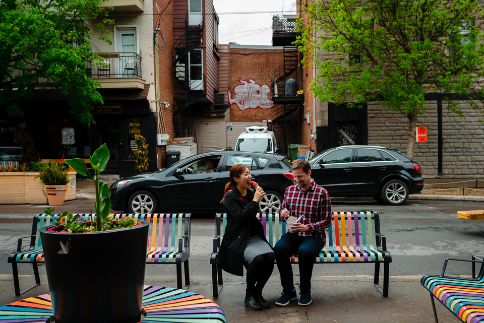 Couple vacation photoshoot at ice cream place in Montreal