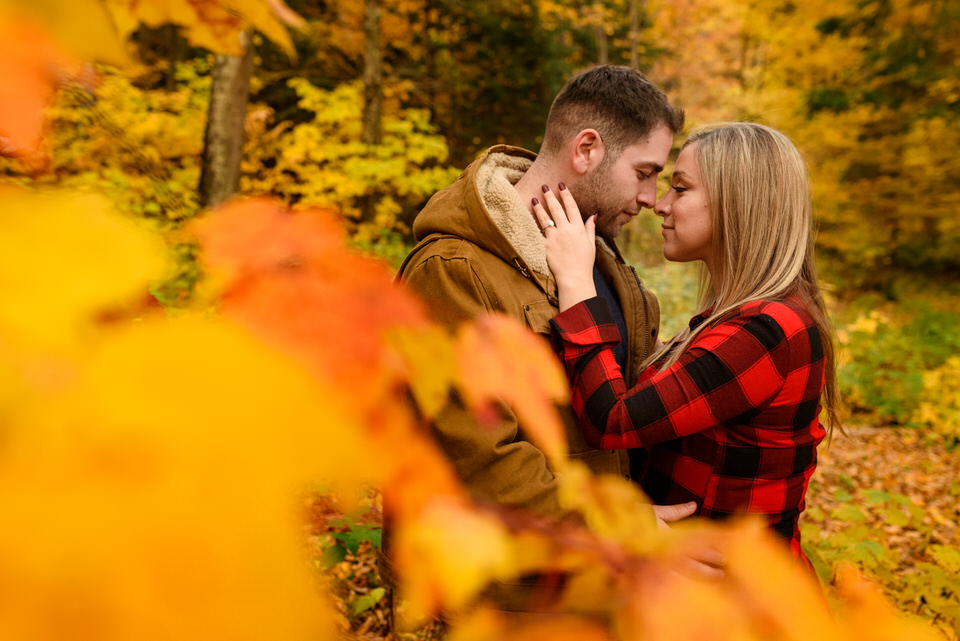 Couple kissing and cuddling in fall leaves