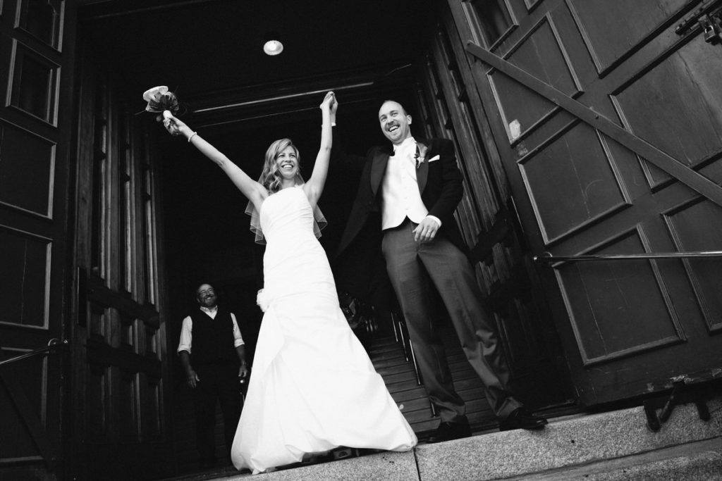 Triumphant exit from the church after the wedding