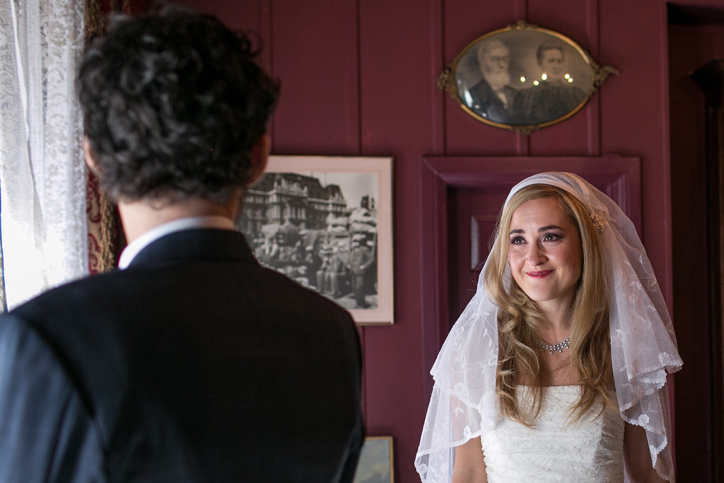 Bride seeing the groom for first time on wedding day