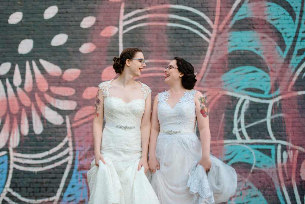 Lesbian wedding photo in downtown Montreal