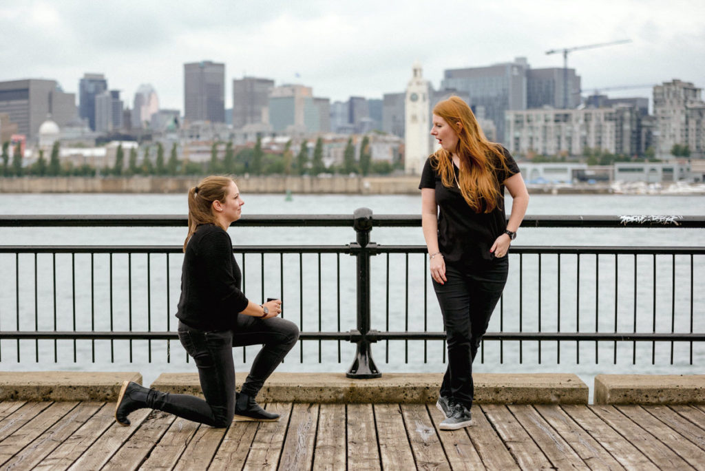 Woman turns around to see girlfriend on one knee